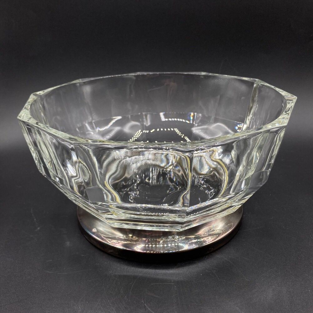 Vtg Godinger Decagon Italy Faceted Glass Bowl Silver Plate Footed Pedestal 9"